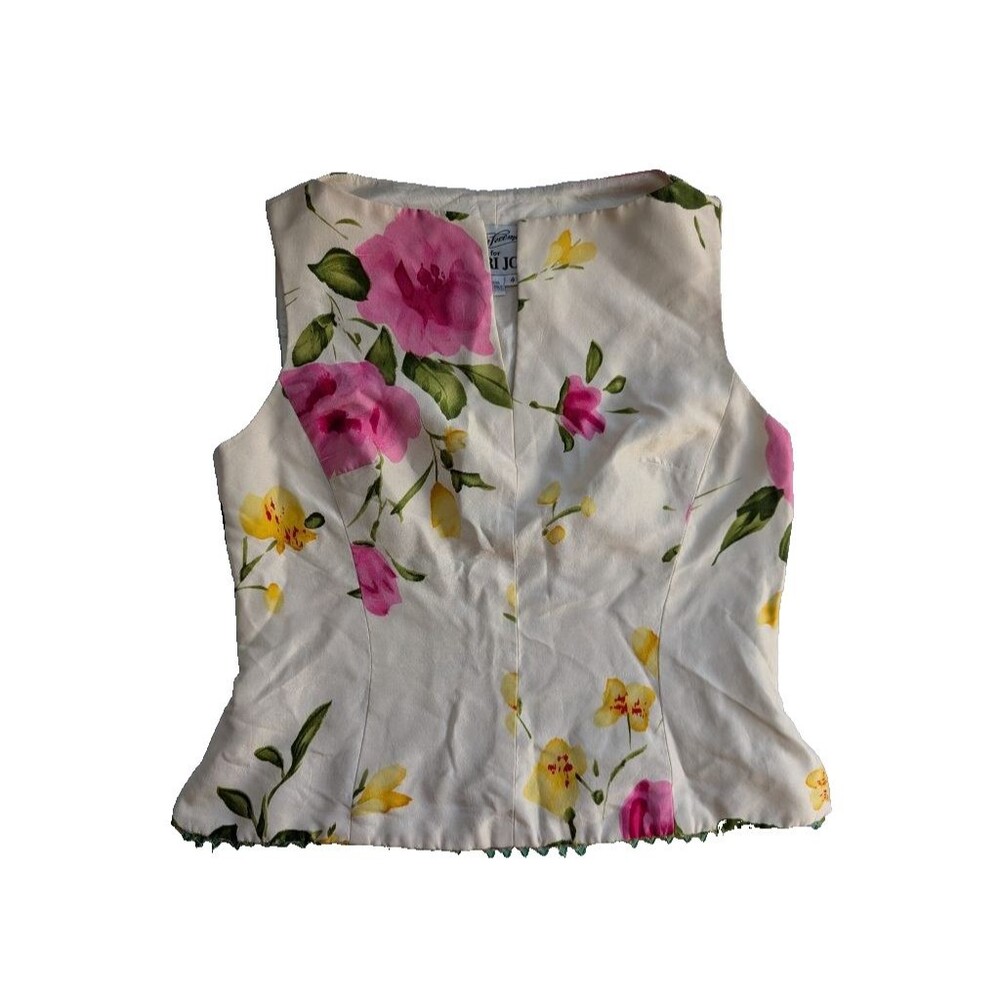Rickie Freeman for Teri Jon 100% Silk Floral Beaded Corset Top Size 4 Cream Pink